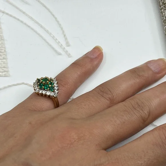 Vintage Emerald 925 Gold Vermeil Cluster Ring - Picture 14 of 17